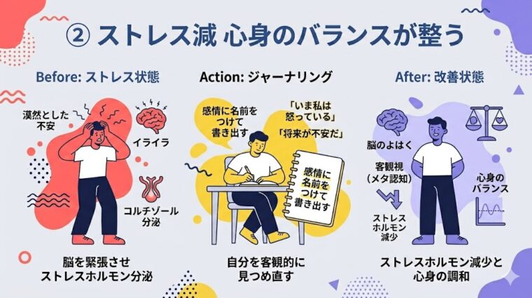 アイキャッチ画像:感情を書き出し客観視することでストレスホルモンを減らし心身を整える効果を整理した画像