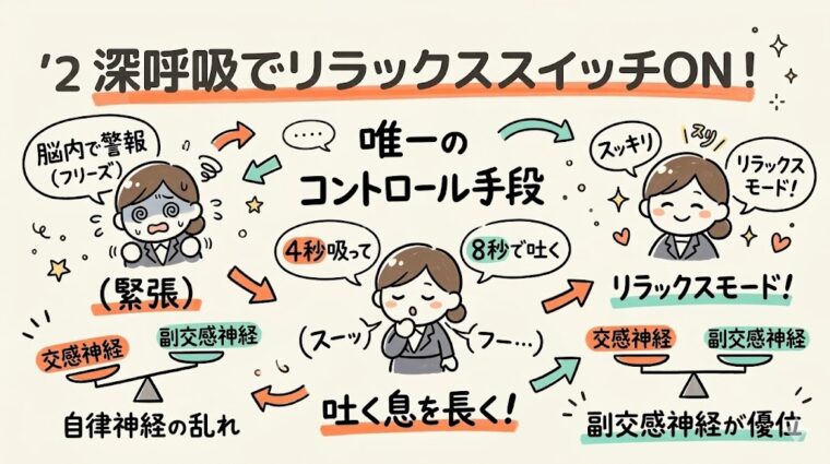 自律神経を整えて心身をリラックスさせるための深呼吸法(4秒吸って8秒吐く)と、メンタルケアの解説図。