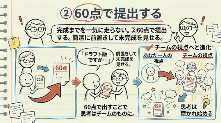 個人の視点(60%の未完成状態)で一度提出し、チームの視点を取り入れることで思考を磨き上げるプロセスを示した図解