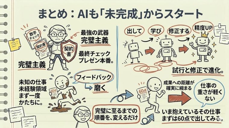 AIの進化プロセスを例に、完璧主義を捨てるタイミングと、まずは60点で出して修正を繰り返す「仕事の進め方」のまとめ図解