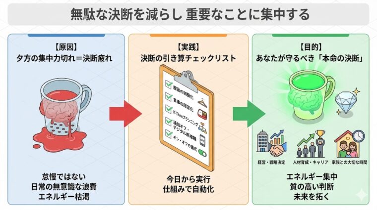 まとめ画像:日常の無駄な決断を減らす「決断の引き算」を実践し、経営判断や家族との時間など本当に重要な事柄に脳のエネルギーを集中させるための全体像。