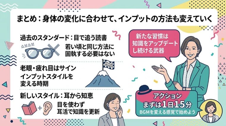 身体の変化に合わせてインプットスタイルを「目」から「耳」へ更新し、知識をアップデートし続ける重要性をまとめた最終スライド。