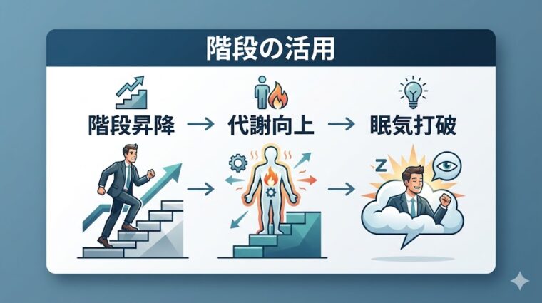解説画像:階段昇降による代謝向上と脳への刺激が日中の眠気打破に繋がるメカニズムを整理した画像
