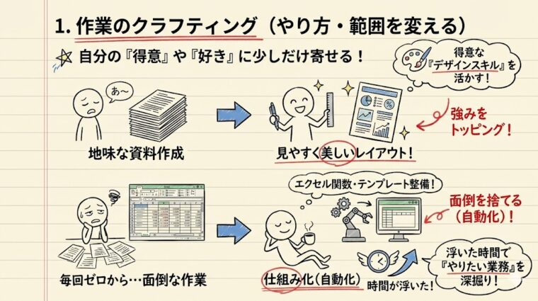 「作業のクラフティング」の具体例として、得意スキルの活用や業務の自動化でやりたい仕事の時間を生み出す方法を示した画像
