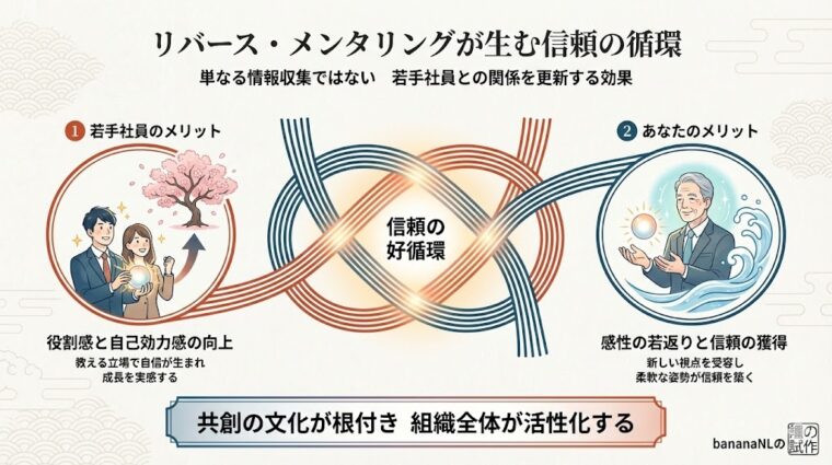 リバース・メンタリングが若手とシニア双方に「自己効力感」と「感性の若返り」をもたらす信頼の好循環を示すまとめ画像。