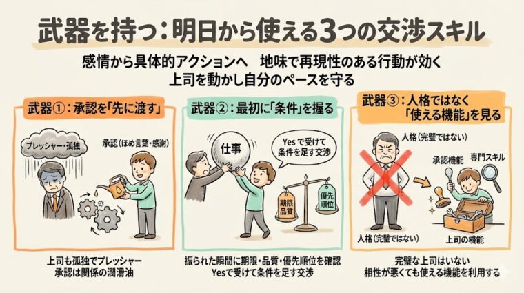 アイキャッチ画像:上司を動かし自分のペースを守る「明日から使える3つの交渉スキル」の全体像をまとめた解説画像