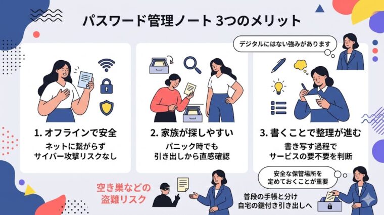 パスワードをノート(アナログ)で管理する3つの大きなメリットをまとめた画像