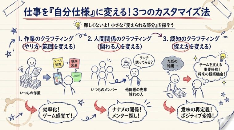「作業・人間関係・認知」の3つの側面から、仕事を自分仕様に変えるカスタマイズ方法を体系化した画像