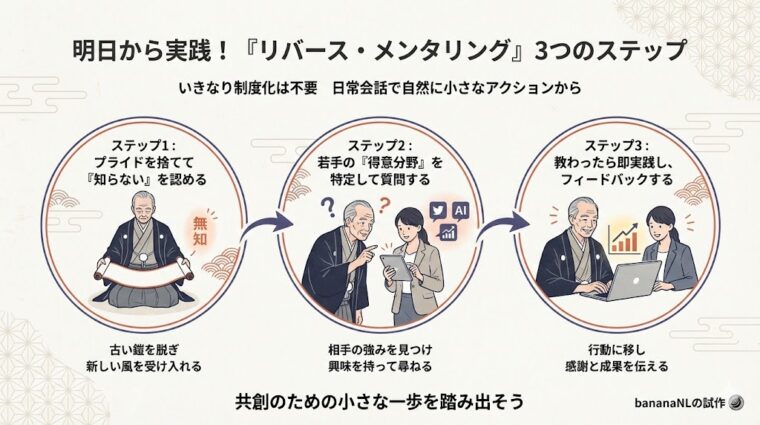 日常で実践できるリバース・メンタリングの3ステップ(無知を認める、強みを尋ねる、実践し感謝を伝える)の全体フロー画像。