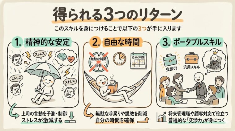 ボスマネジメントがもたらすメリットの詳細。上司の言動予測によるストレス激減、無駄な手戻りの削減、将来役立つ普遍的な交渉力の獲得。