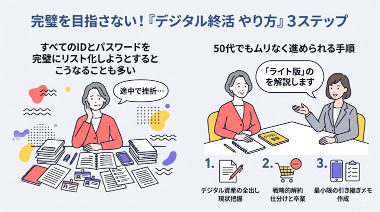 50代から始める「デジタル終活」の具体的な3ステップをまとめた画像