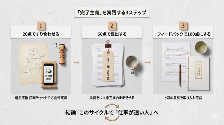 「完了主義」を実践して仕事が速い人になるための3ステップ(20点ですり合わせ、60点で提出、フィードバックで100点にする)の全体図解