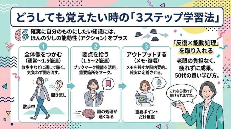全体像の把握・要点のマーク・アウトプットの3ステップで、知識を確実に定着させる「50代の賢い学習法」の解説図。