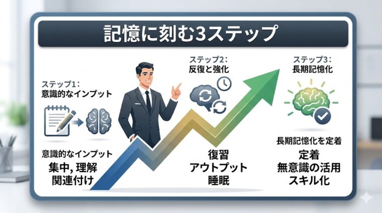 アイキャッチ画像:インプット・反復・睡眠を経て、知識を脳の長期記憶に深く刻むための3ステップを整理した画像