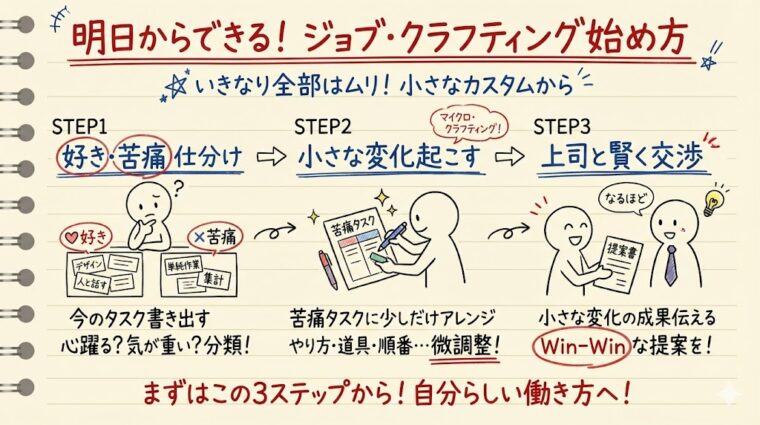 ジョブ・クラフティングの具体的な始め方として、タスクの仕分けから上司への交渉までの3ステップをまとめた画像