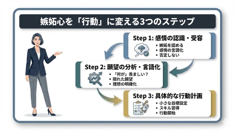 嫉妬心を前向きな行動に変えるための、感情の認識・願望の分析・具体的計画の3つの手順を整理したまとめ画像