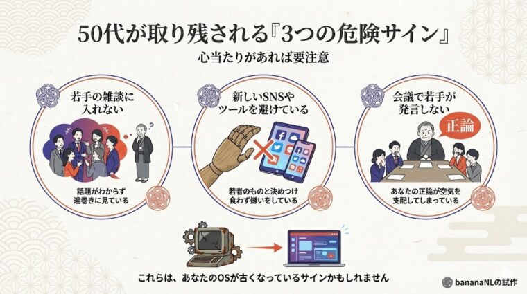50代が職場で取り残されていることを示す「3つの危険サイン(雑談に入れない、ツールを避ける、若手が発言しない)」のまとめ画像。