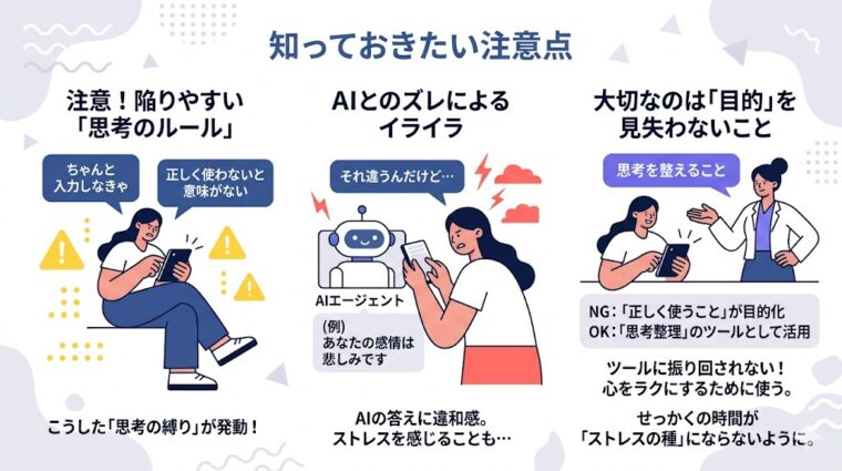 プレゼンテーションスライド:デジタルツール活用の注意点として、操作の正しさよりも「自分の心をラクにする」という本来の目的を優先する大切さを解説した画像。