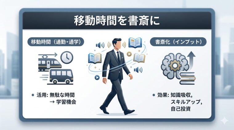 アイキャッチ画像:通勤などの無駄な移動時間を、耳活によって「自分専用の書斎(学習時間)」に変えるメリットを整理した画像
