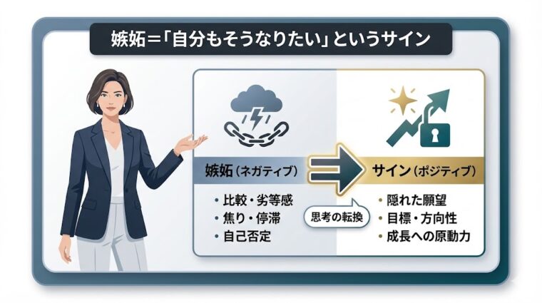 嫉妬というネガティブな感情を、思考の転換によって「自分もそうなりたい」というポジティブなサインに変える方法を示した図解画像