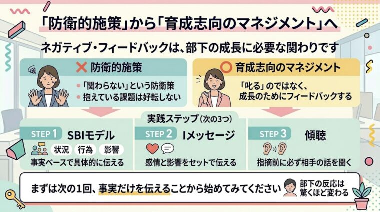 心理的安全性を高める正しいフィードバックの手順を解説する図解スライド。いきなり指摘するNG例に対し、①先に聞く、②要約・受容、③指摘(SBIやIメッセージ)という3つのステップを踏むOK例をまとめています。