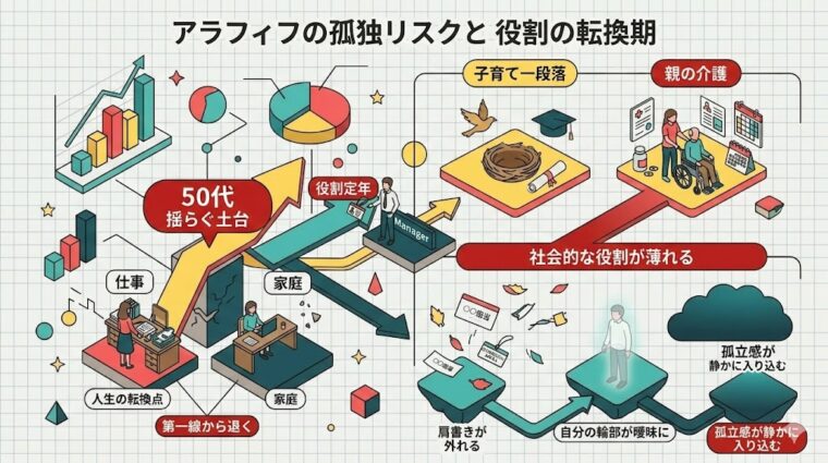 アイキャッチ画像:人生の転換期における役割の変化と孤立感への影響を解説した画像