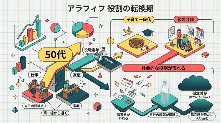 アイキャッチ画像:人生の転換期における役割の変化と孤立感への影響を解説した画像