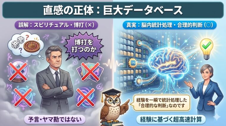 直感はスピリチュアルな勘ではなく、脳内で行われる超高速な統計処理と合理的判断に基づいた「巨大データベースの出力」であると解説した画像。
