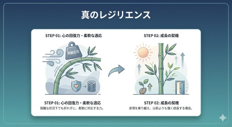 しなやかな竹を例に、困難な状況下での回復力と適応、そして逆境を成長の契機に変える「真のレジリエンス」の概念図。