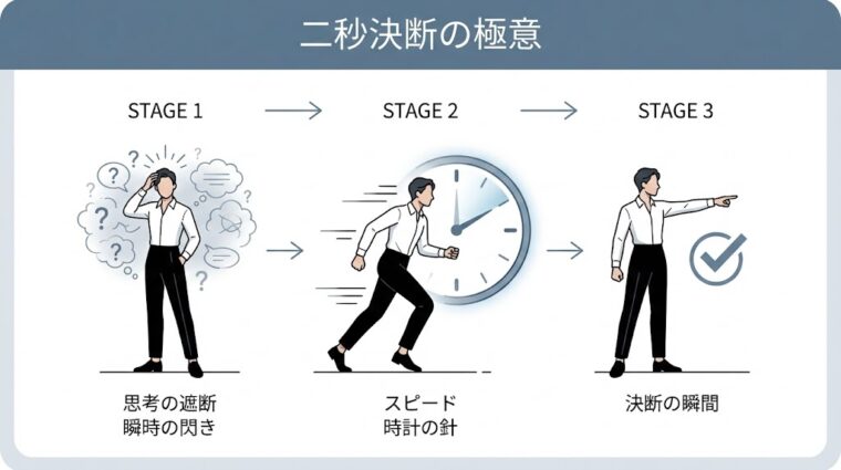 最初の2秒の直感を最適解として採用し、3秒後から始まる「やらない理由探し」の思考ブレーキを回避する意思決定ルールを示すイラスト。