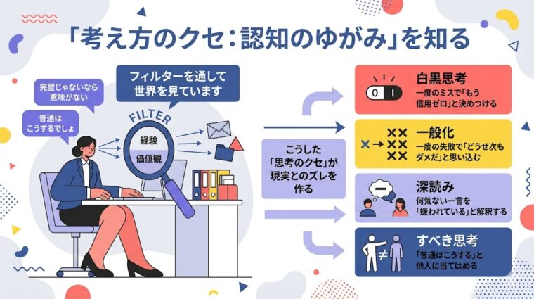 プレゼンテーションスライド:「考え方のクセ:認知のゆがみ」というフィルターが、現実とのズレ(白黒思考、一般化、深読み、すべき思考)を生み出している仕組みを解説した画像。