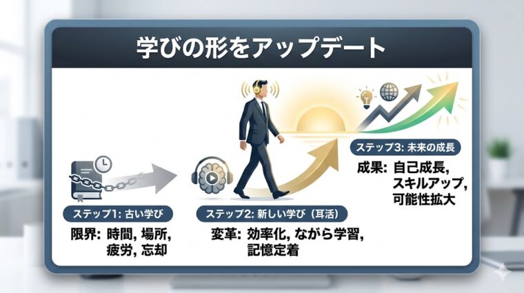 アイキャッチ画像:従来の古い学び方から効率的な「耳活」へアップデートし、将来の自己成長へ繋げるプロセスを整理した画像