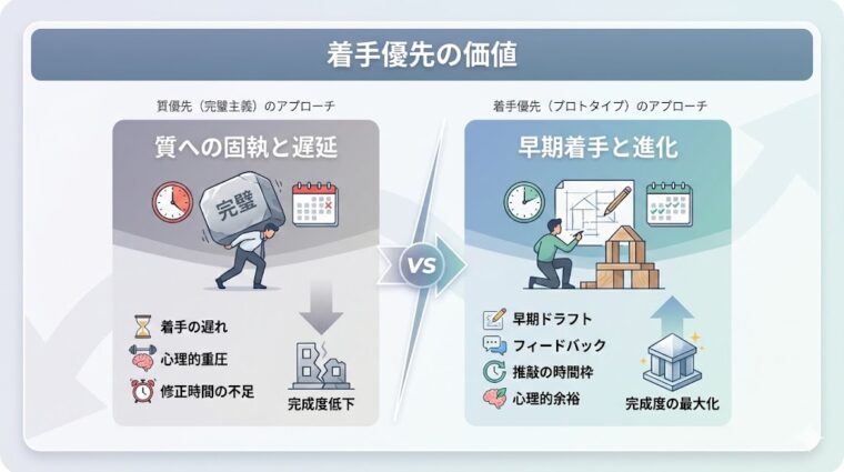 アイキャッチ画像:質への固執による遅延を避け、早期のプロトタイプ作成とフィードバックによって完成度を最大化させる「着手優先」のメリットを整理した画像