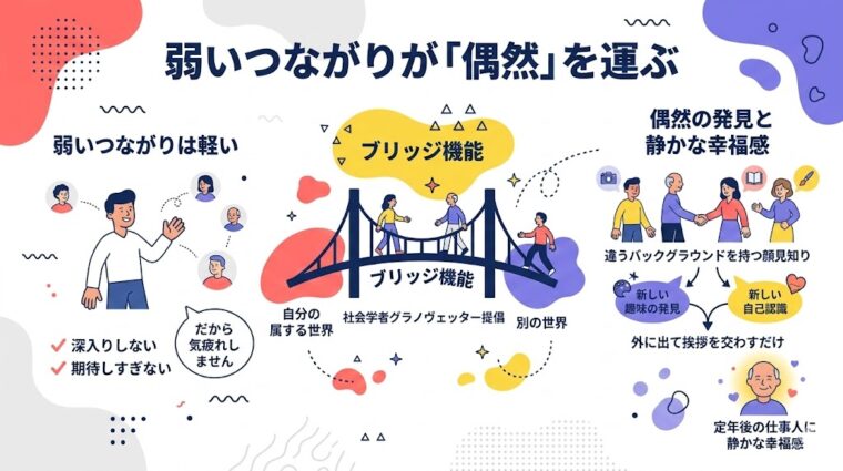 アイキャッチ画像:日常の挨拶や雑談が新しい自己認識と社会復帰に繋がる仕組みを説明した画像