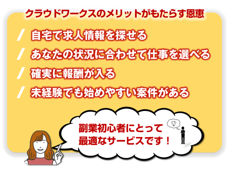 クラウドワークス利用のメリットを図解で解説／「未経験から始めるクラウドワークス：図解でわかる初心者向けガイド」の記事中資料