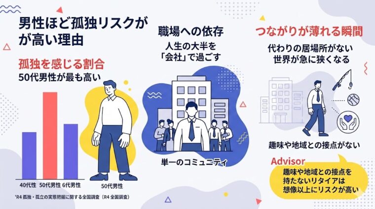 アイキャッチ画像:50代男性の孤独リスクが高い理由と職場依存の弊害をまとめた画像