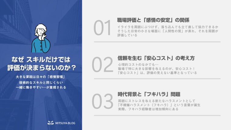 なぜスキルだけでは評価が決まらないのか、中高年のビジネスマンが会社内での居場所について悩む様子を要点を整理して説明した図
