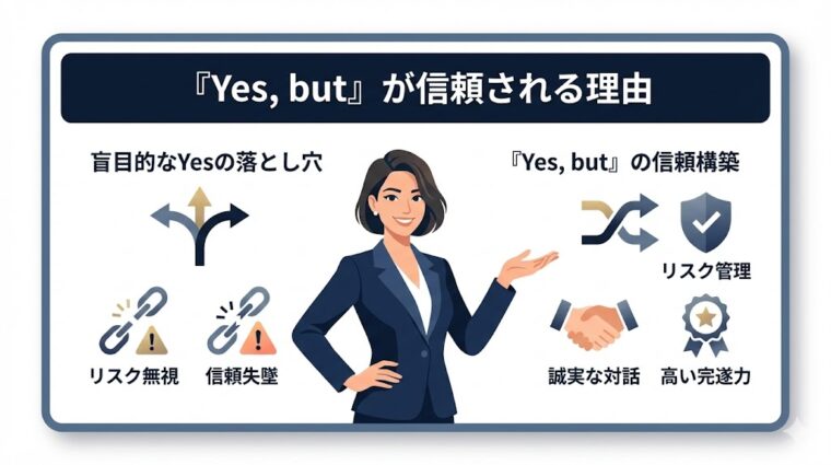 アイキャッチ画像:「『Yes, but』が信頼される理由」として、リスク管理と誠実な対話による高い完遂力のメリットを説明した画像